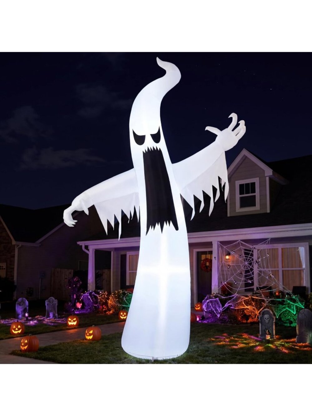 12 FT Halloween Inflatables Outdoor Decorations White Ghost Blow Ups with LEDs